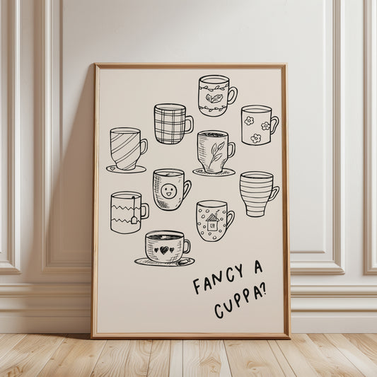 FANCY A CUPPA kitchen print featuring line art illustrations of cups and mugs, ideal gift for tea lover