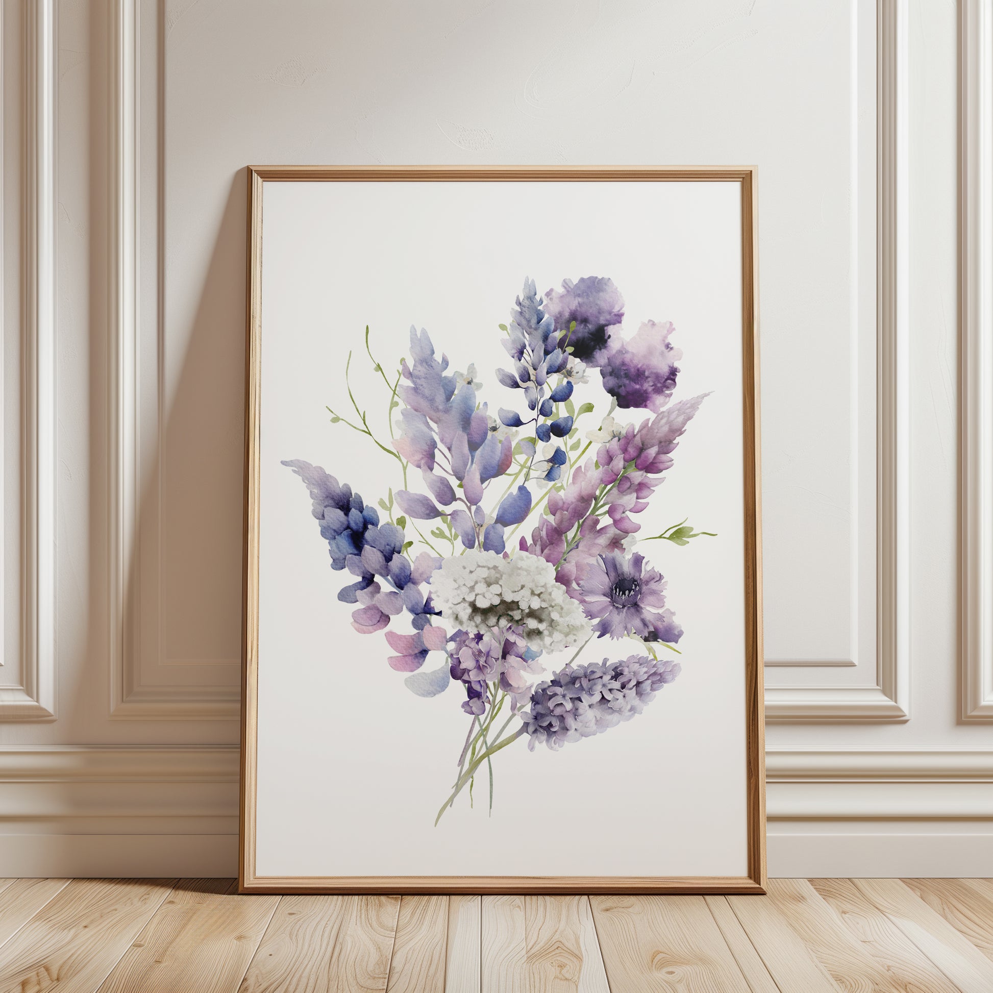 floral wall art, watercolour lilac flowers displayed in a bouquet on a white background