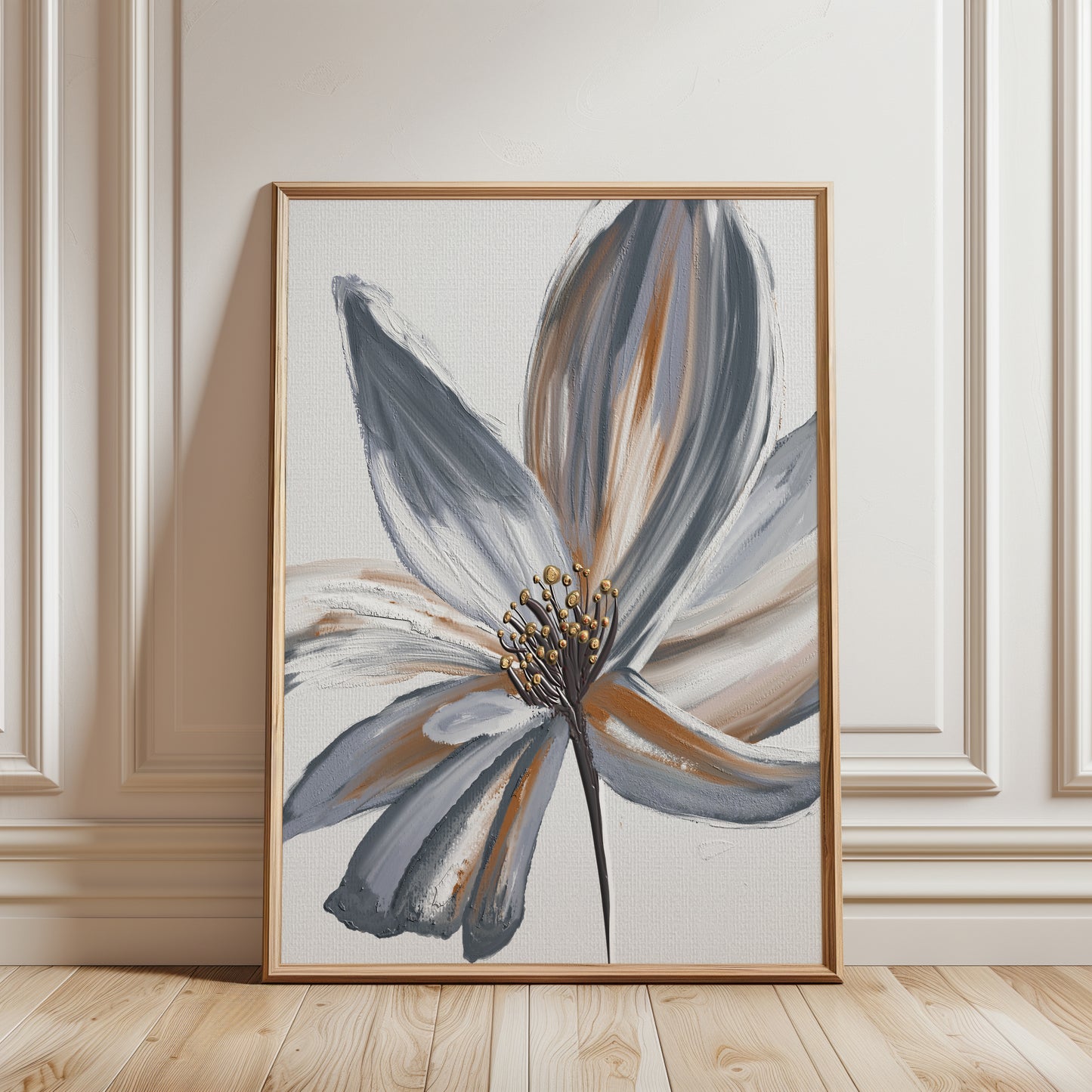 floral wall print in shades of grey and brown