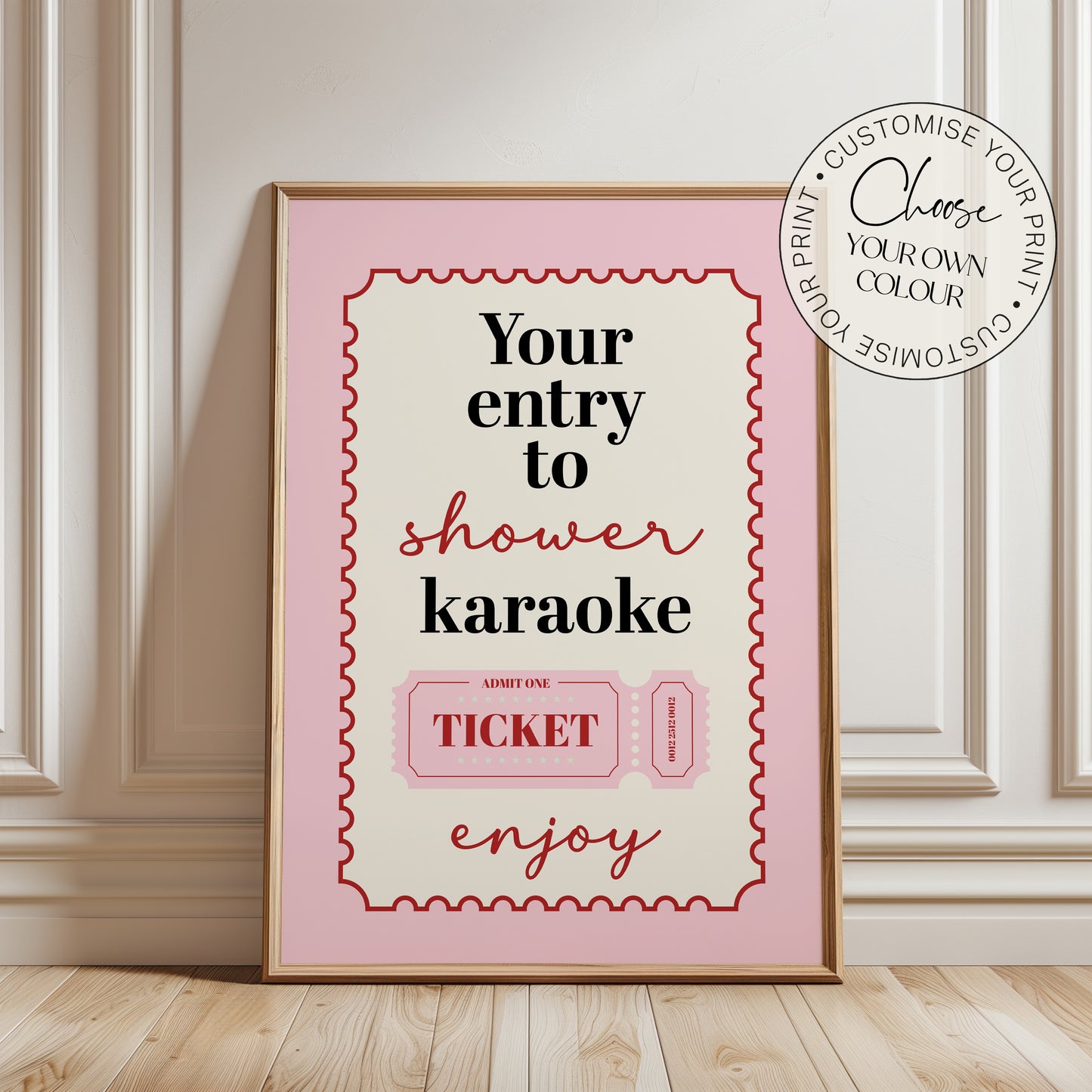 Pink bathroom print, shower karaoke