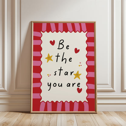 Nursery print, with inspirational quote "be the star you are", playful nursery decor in pink and red