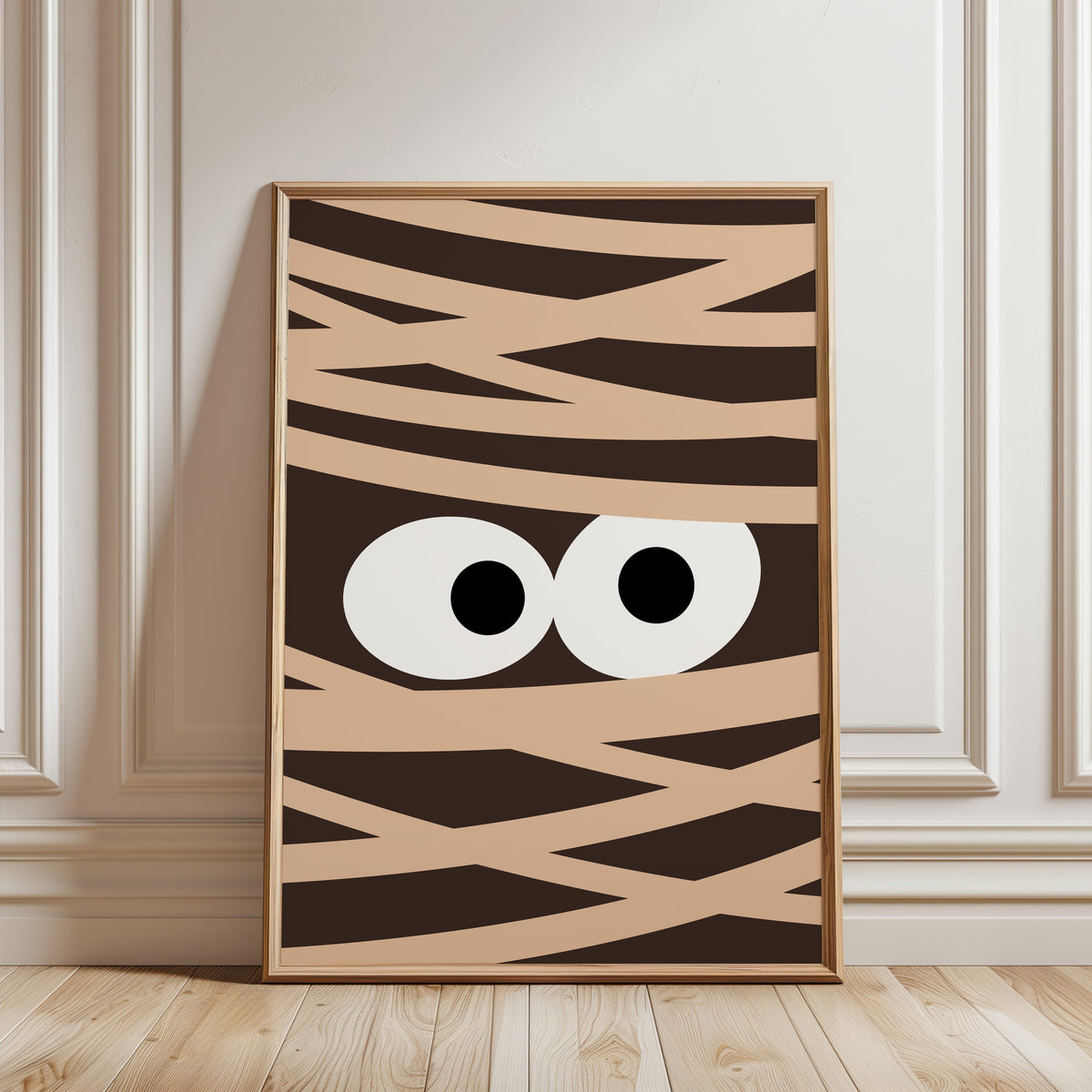 funny halloween print, mummy peeping through bandages in brown and beige