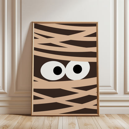 funny halloween print, mummy peeping through bandages in brown and beige