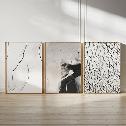 gallery abstract art, set of 3 modern prints in black and grey