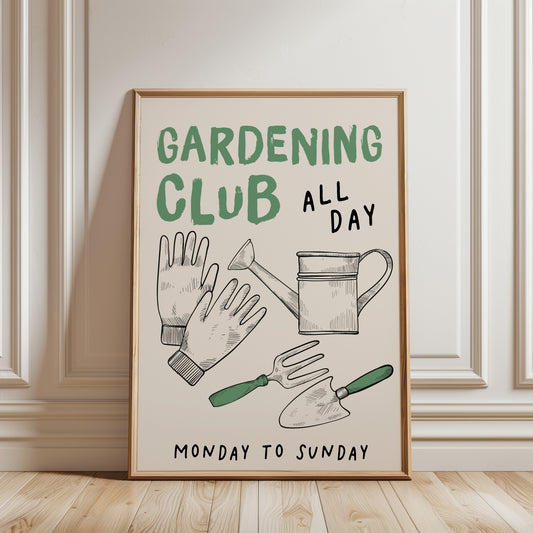 Gardening gift, gardening club wall print ready to frame with gardening tool illustrations