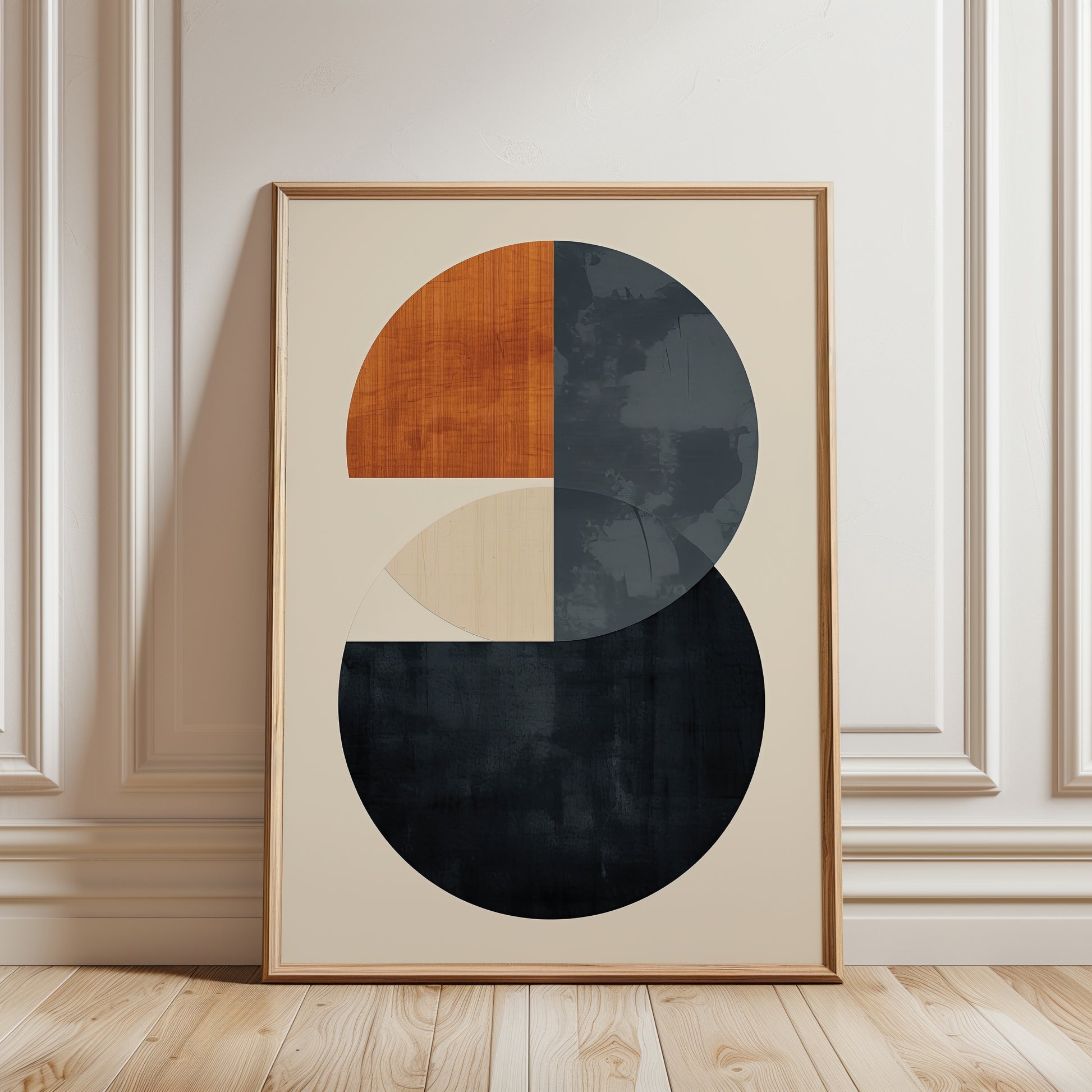 geometric wall art print in a retro style with shades of blue and orange