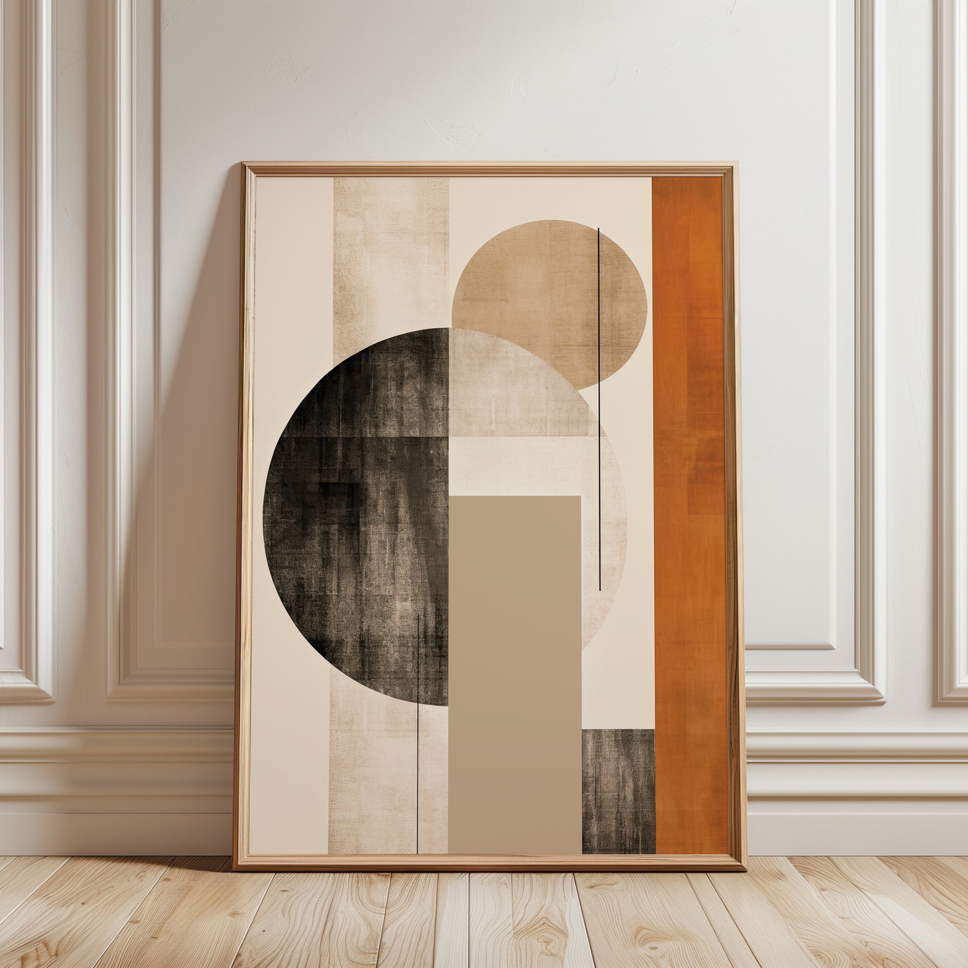 geometric wall art print in a retro style, in shades of beige, black and rust orange