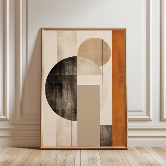 geometric wall art print in a retro style, in shades of beige, black and rust orange