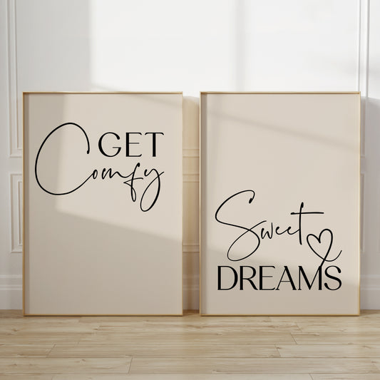Set of 2 minimalist bedroom prints with bedtime quotes GET COMFY and SWEET DREAMS, beige backgrounds