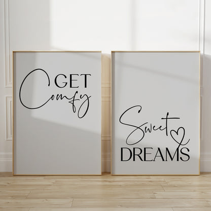 Set of 2 grey bedroom prints with quotes GET COMFY and SWEET DREAMS