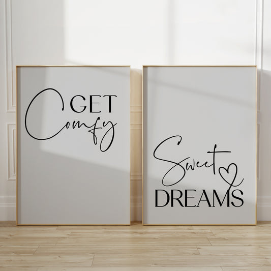 Set of 2 grey bedroom prints with quotes GET COMFY and SWEET DREAMS