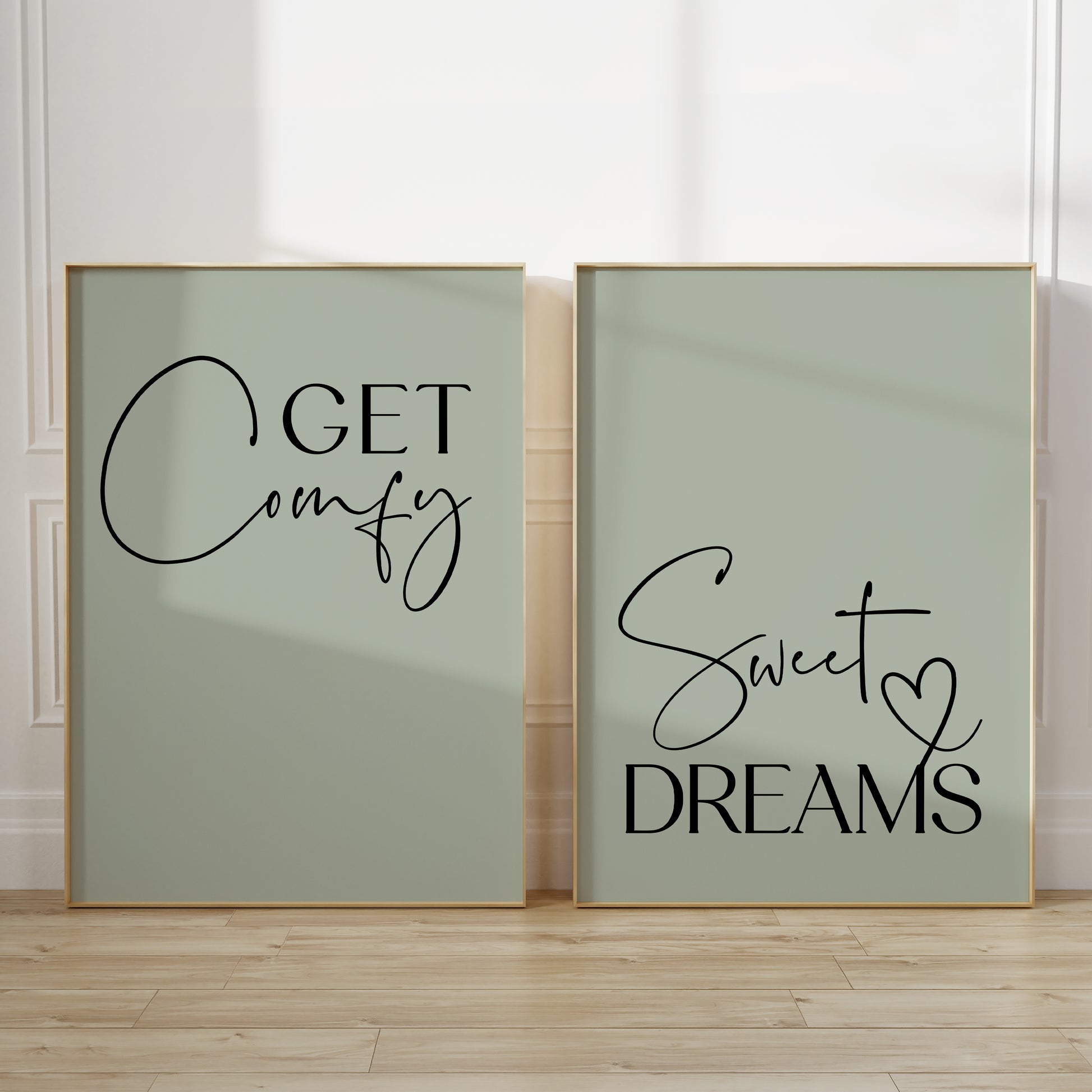 Set of 2 bedroom prints with quotes GET COMFY and SWEET DREAMS on sage green backgrounds