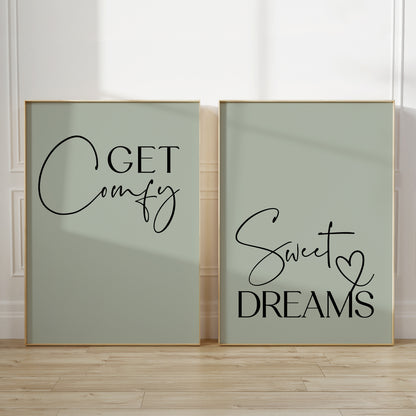Set of 2 bedroom prints with quotes GET COMFY and SWEET DREAMS on sage green backgrounds