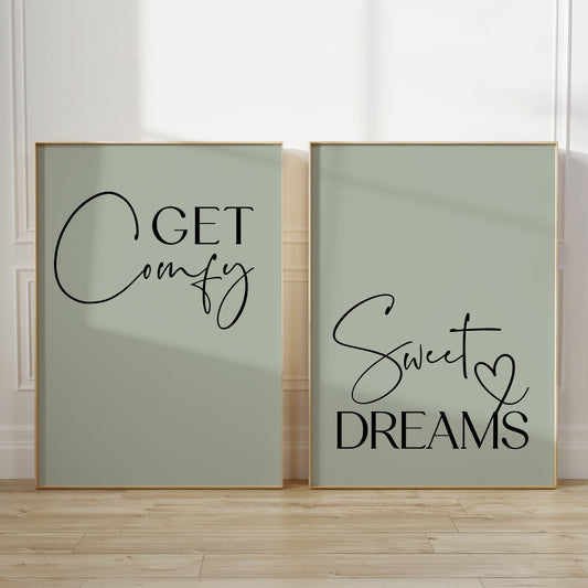 Set of 2 bedroom prints with quotes GET COMFY and SWEET DREAMS on sage green backgrounds