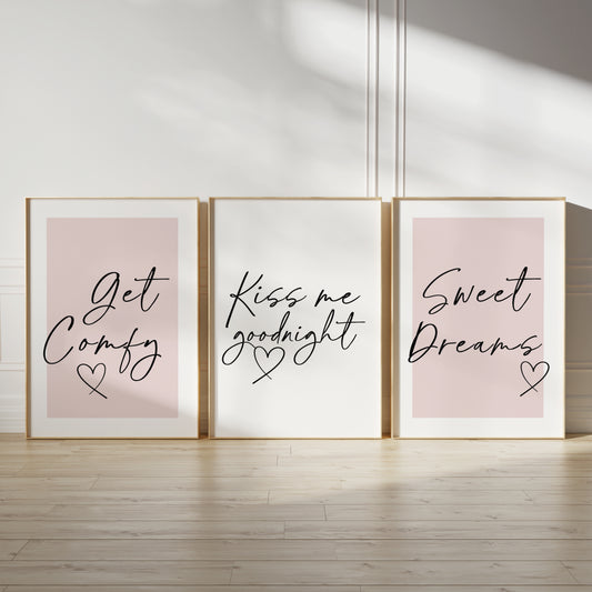 Get comfy quote bedroom prints in pink