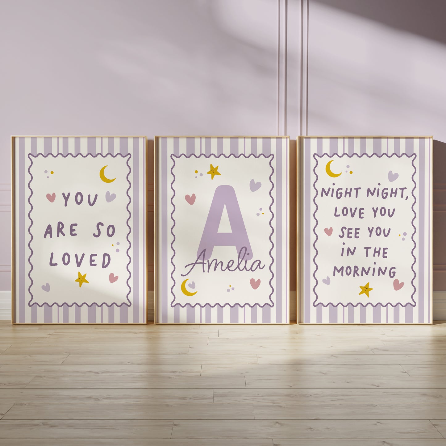 girls lilac wall art, lilac pictures with bedtime quotes available in A4 prints, A3 prints, A2 prints, 30x40cm prints, 12x16" prints, 40x50cm prints