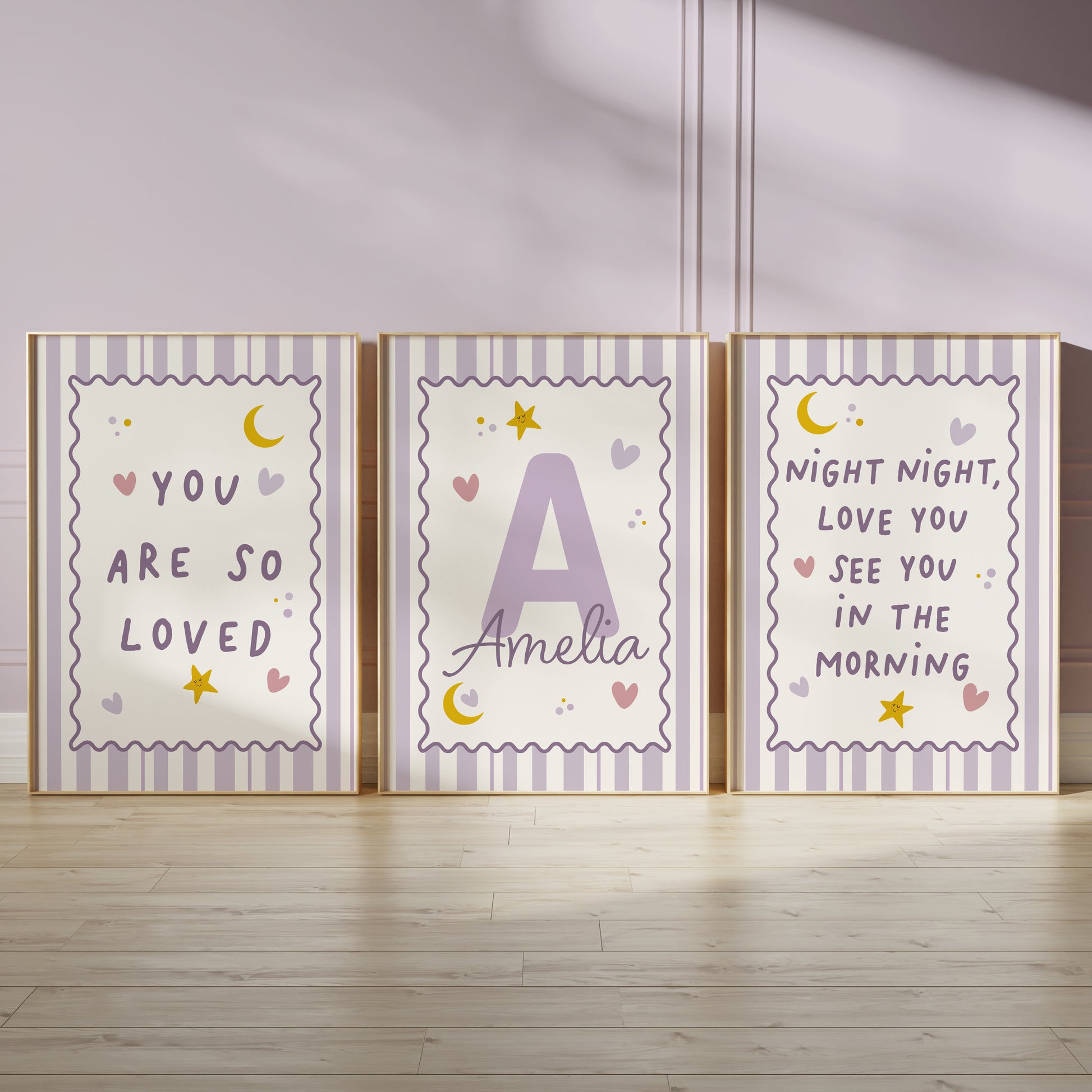 girls lilac wall art, lilac pictures with bedtime quotes available in A4 prints, A3 prints, A2 prints, 30x40cm prints, 12x16" prints, 40x50cm prints