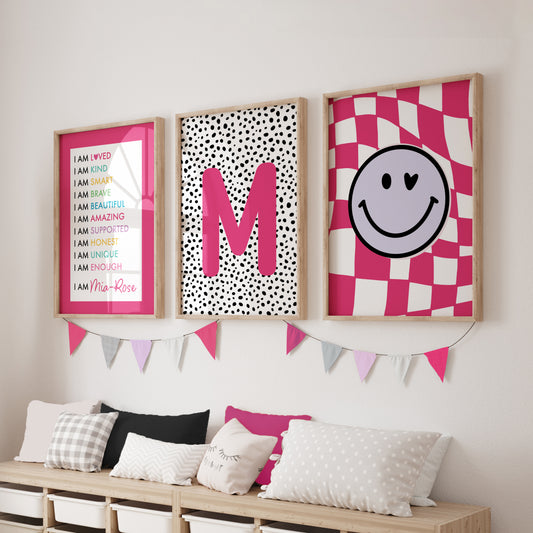 Set of 3 girls Affirmation prints, in colourful shades including hot pink, black and lilac