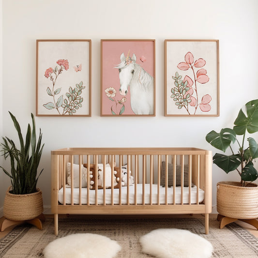 A set of three pink unicorn bedroom wall prints with antique effect pale cream backgrounds