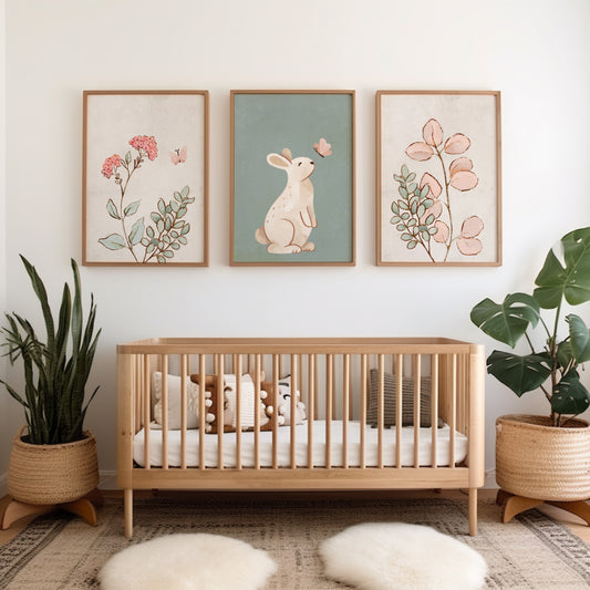 set of 3 girls nursery prints featuring flowers and bunny rabbit in sage green and beige