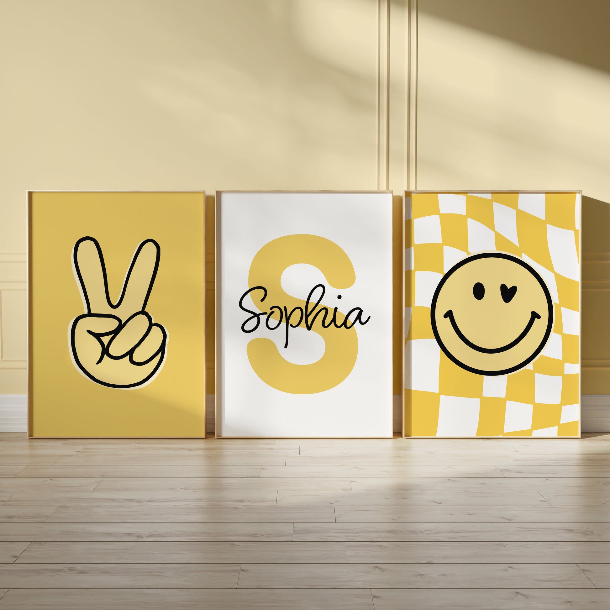 Personalised wall art for girls, in yellow, victory sign and smiley face