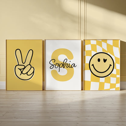Personalised wall art for girls, in yellow, victory sign and smiley face