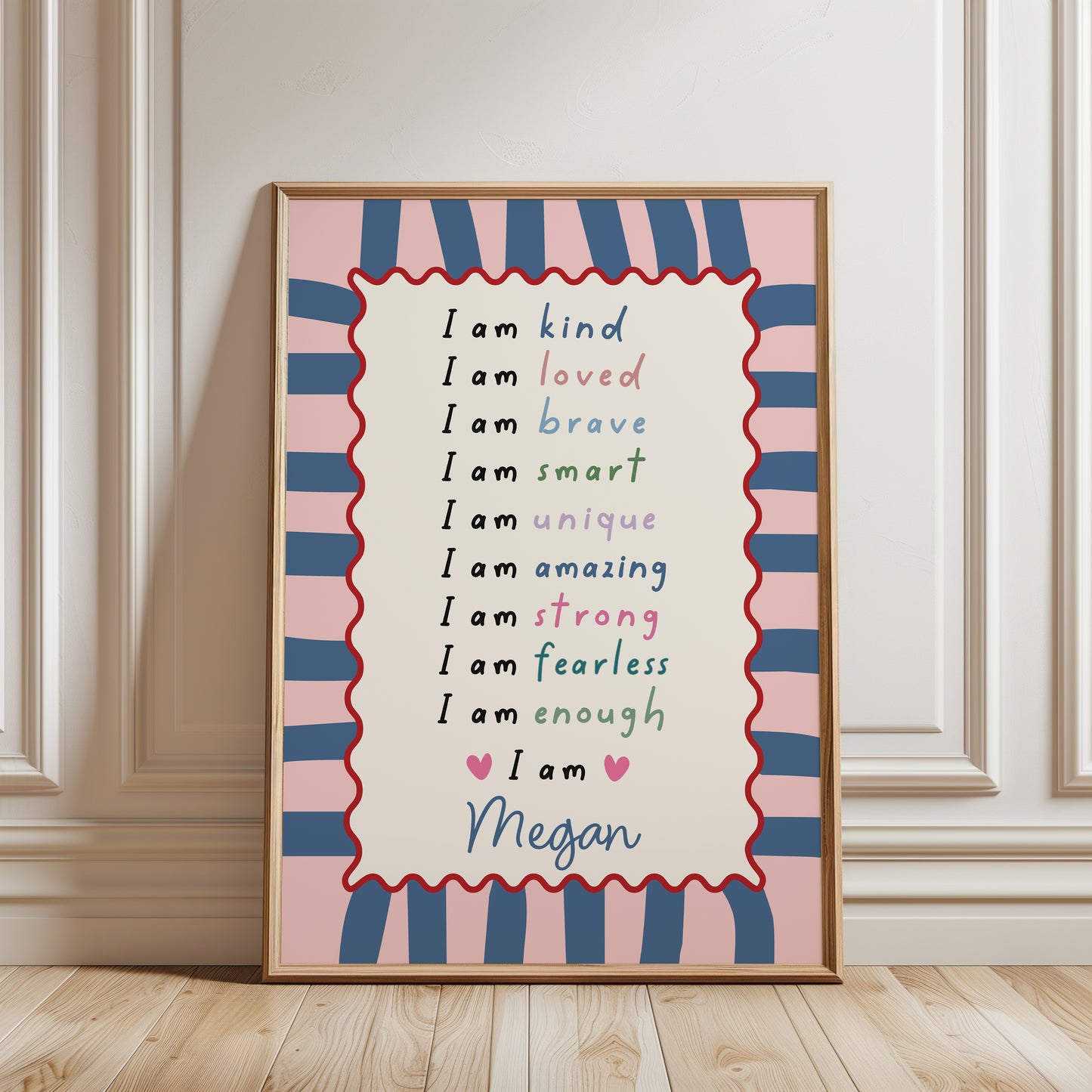 Girls Personalised Affirmation Wall Art Print, Blue & Pink
