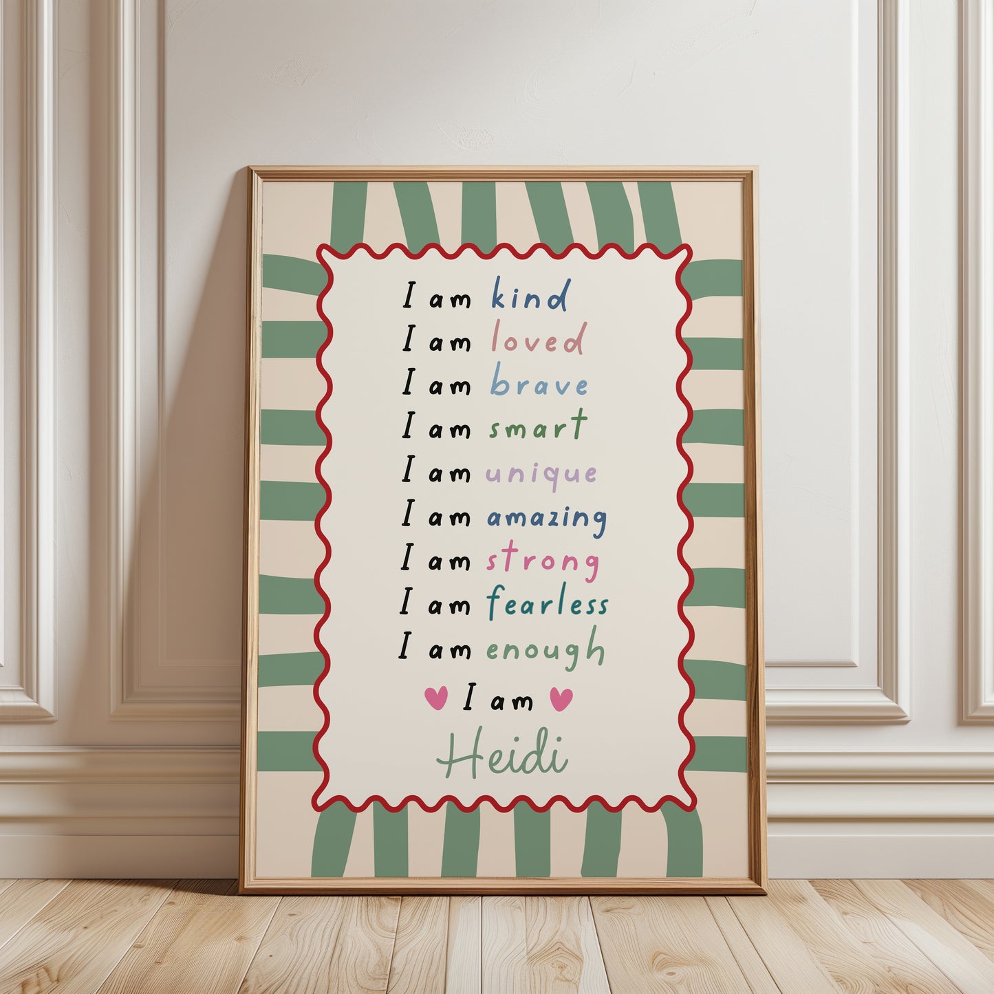 girls personalised affirmation print in sage green
