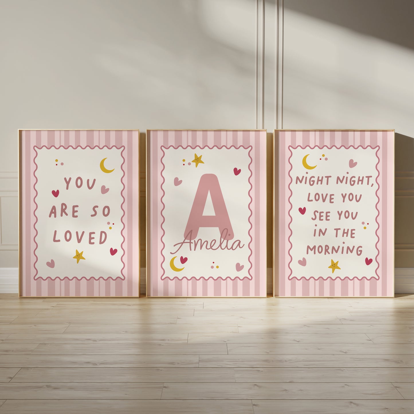 Girls bedroom prints, with bedtime quotes "you are so loved" and "night night love you see you in the morning"
