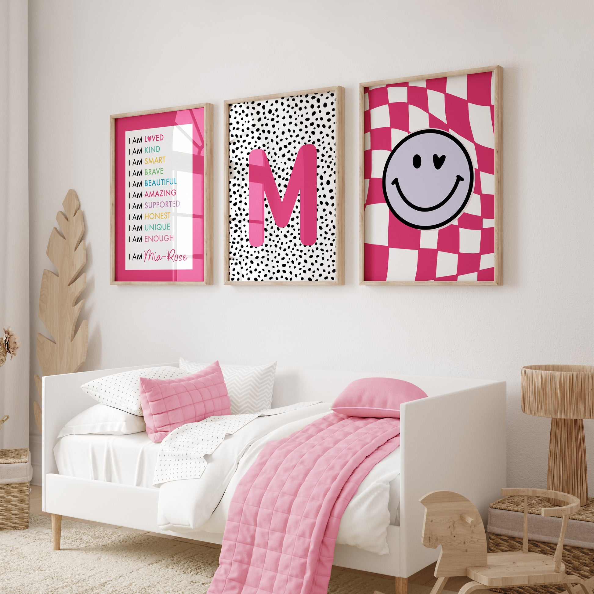 Girls bedroom prints, includes personalised inital print on black dotty background, lilac smiley face on hot pink chequered background and colourful Affirmation print with pink border