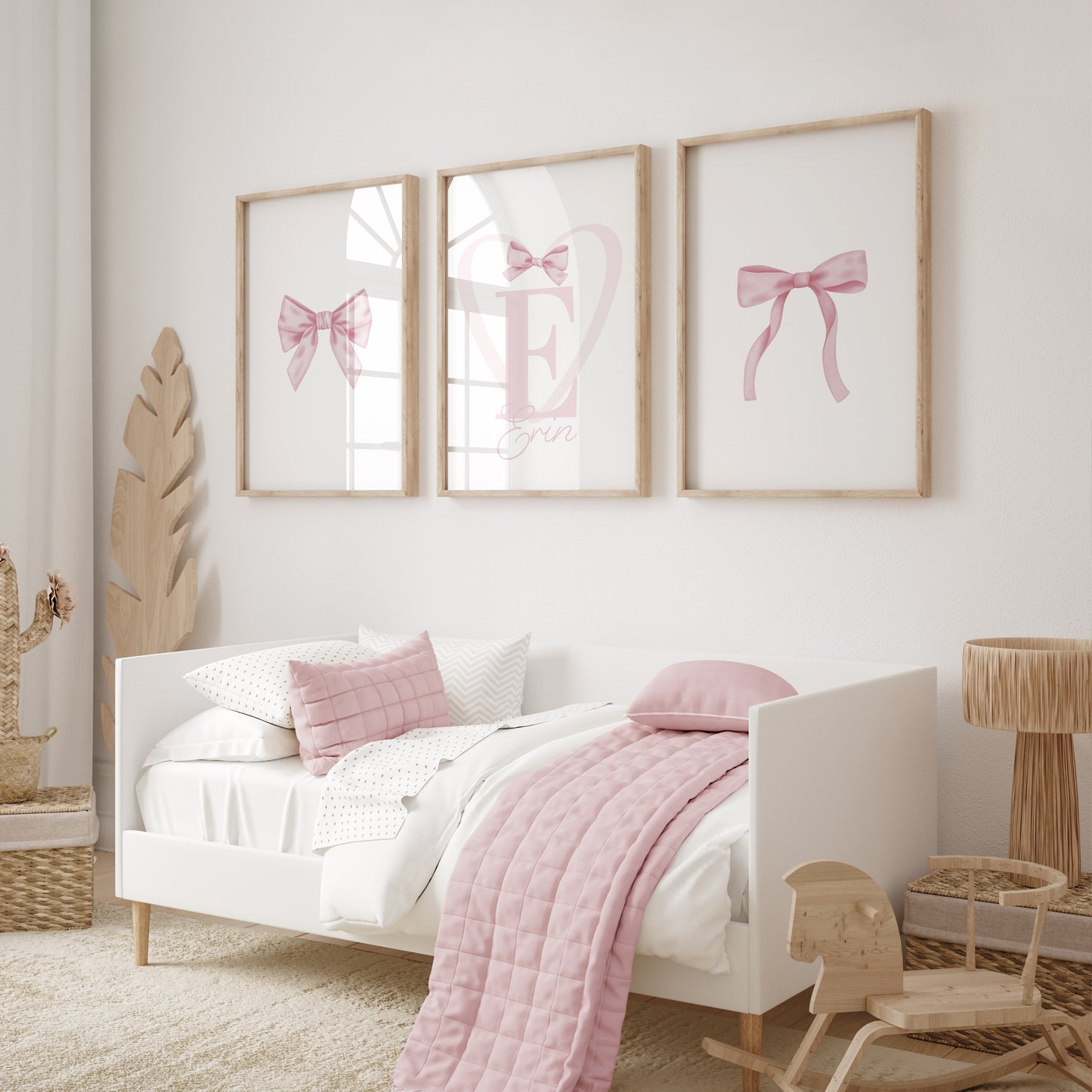 girls personalised bedroom prints with minimalist pink bows