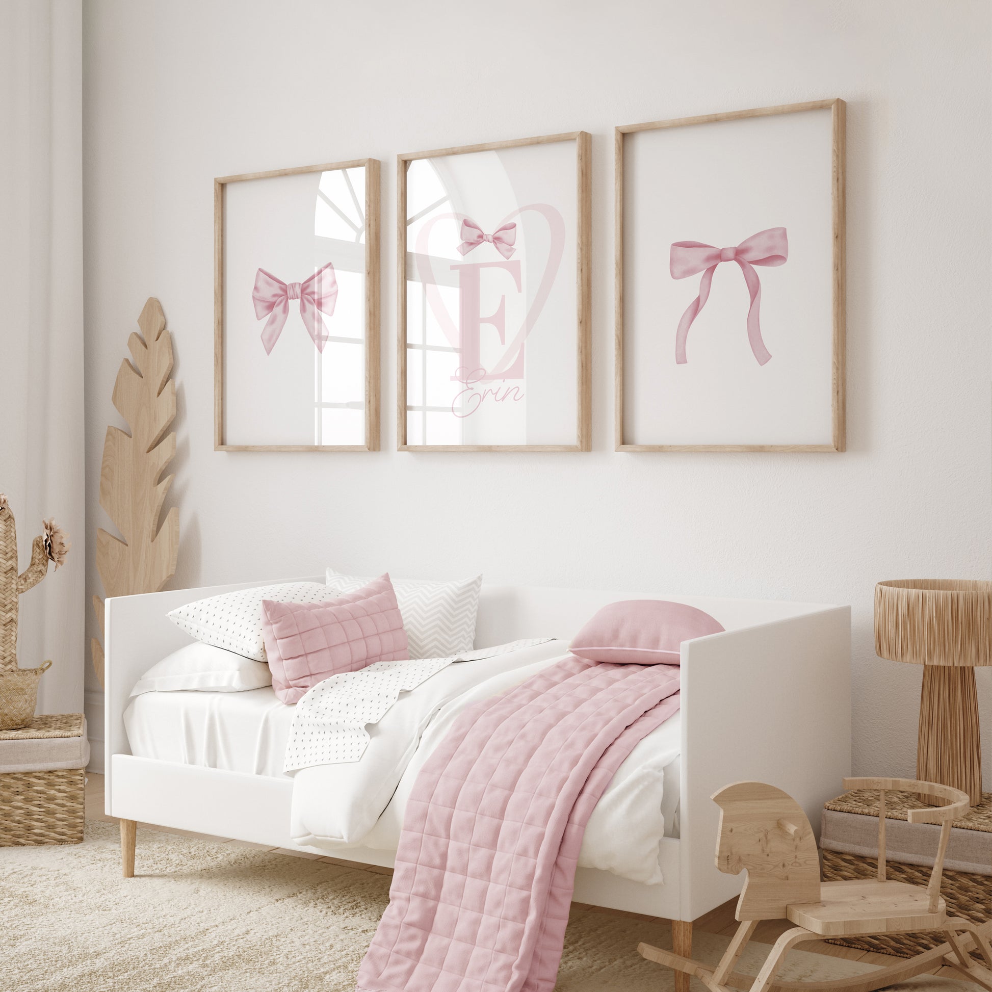 girls personalised bedroom prints with minimalist pink bows