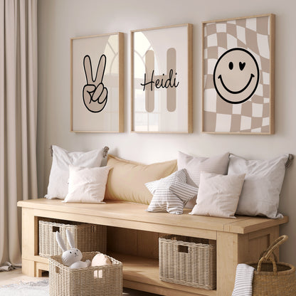 Set of 3 Girls Beige Personalised Prints
