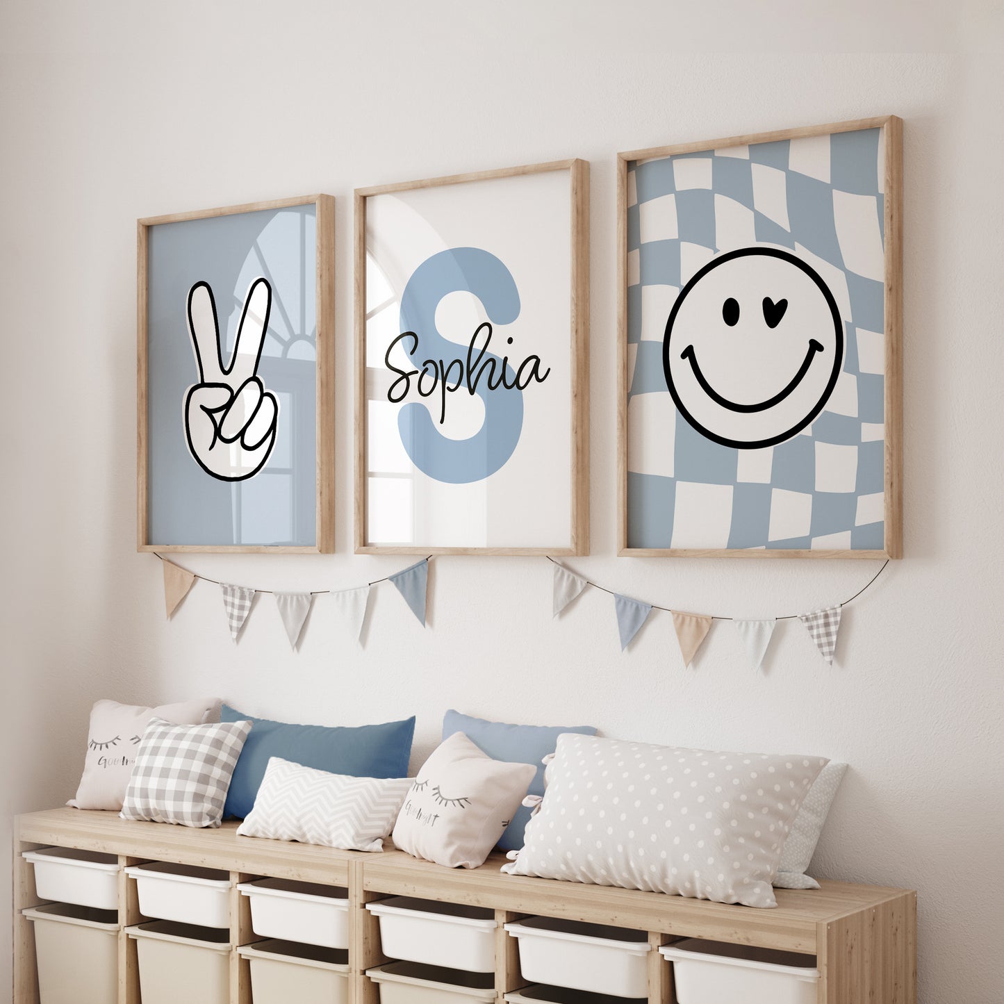 Girls wall art prints in light blue, victory sign print, personalised print and chequered print with smiley