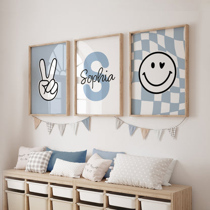 Girls wall art prints in light blue, victory sign print, personalised print and chequered print with smiley