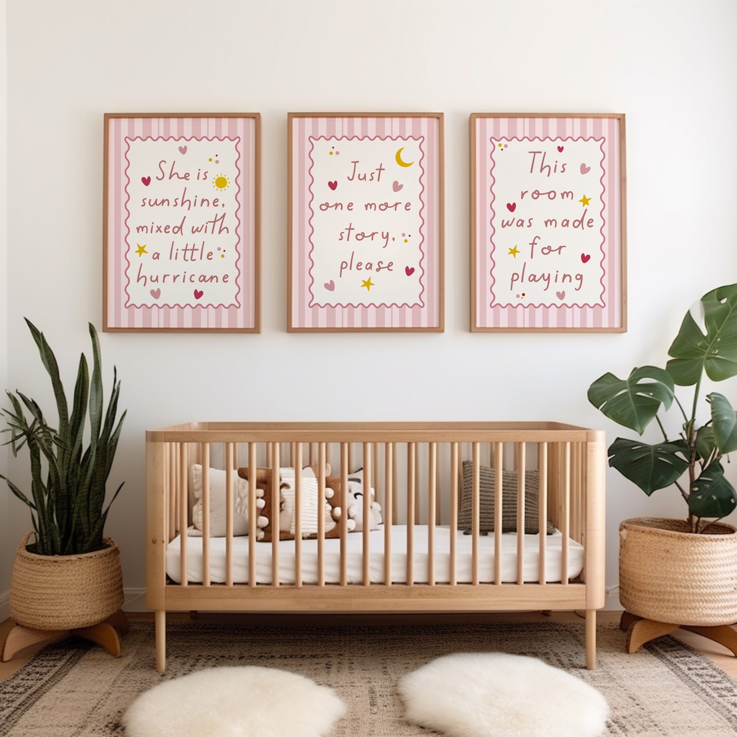 cute girls playroom wall art print in pink, set pf 3