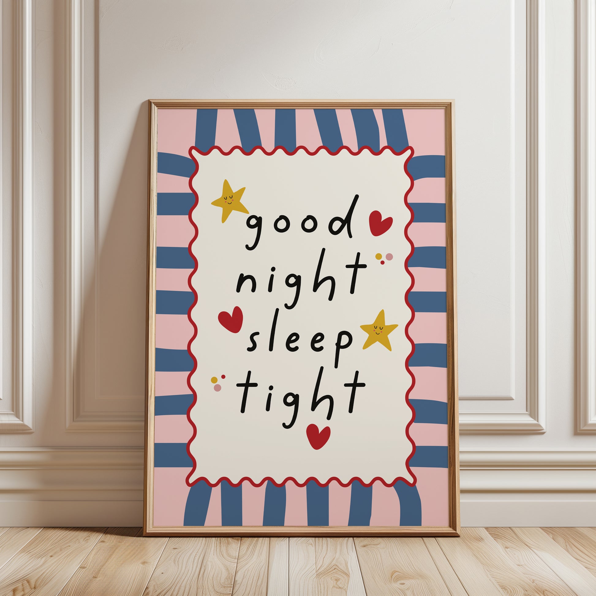 Nursery print with quote "good night sleep tight" with a striped background in blue and pink