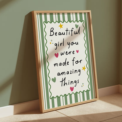 Girls Quote Wall Art Print, Beautiful Girl, Green