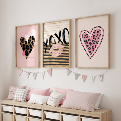 Girls leopard print wall art prints, featuring love hearts, preppy wall art for girls room