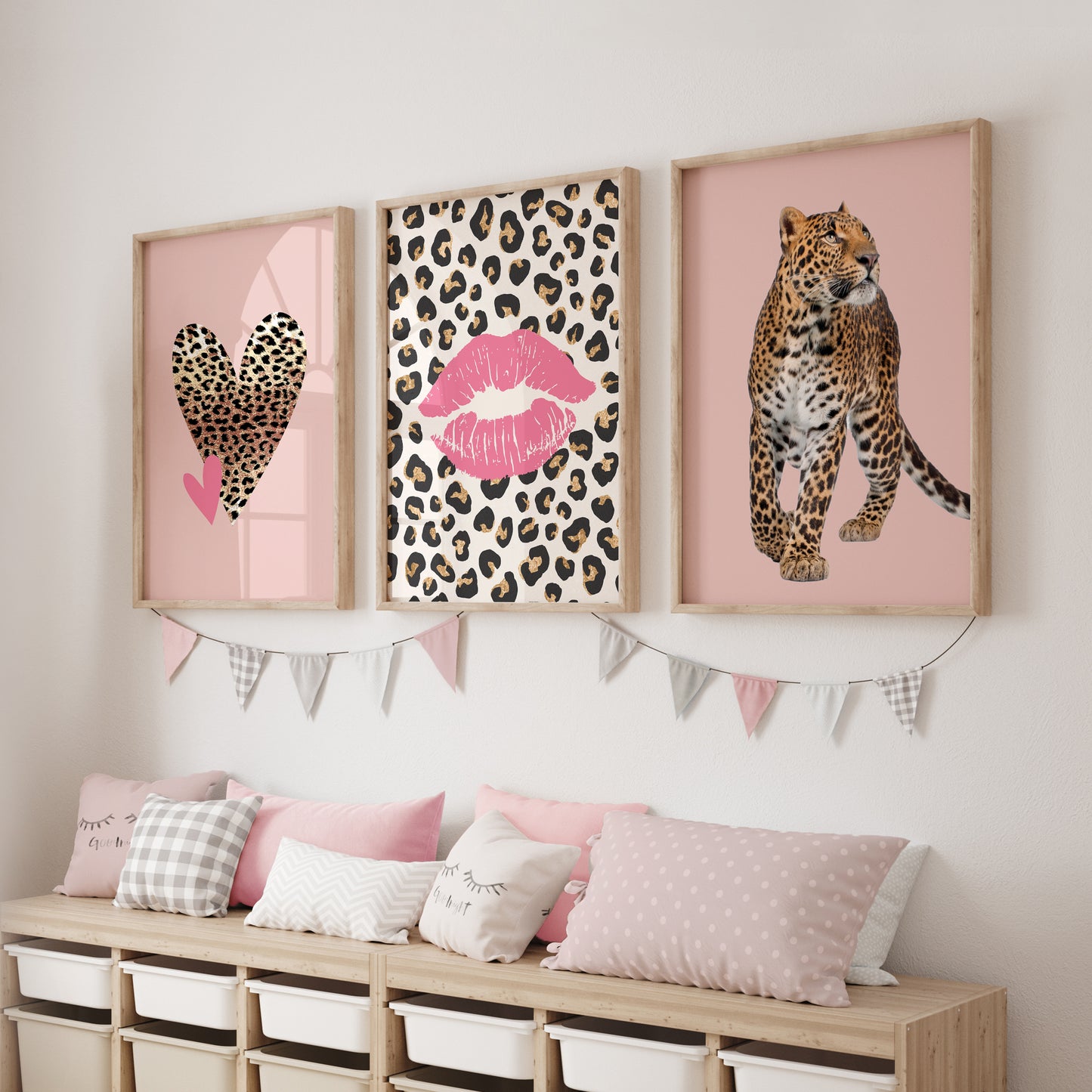 Girls preppy wall art set, leopard print wall decor for girls room
