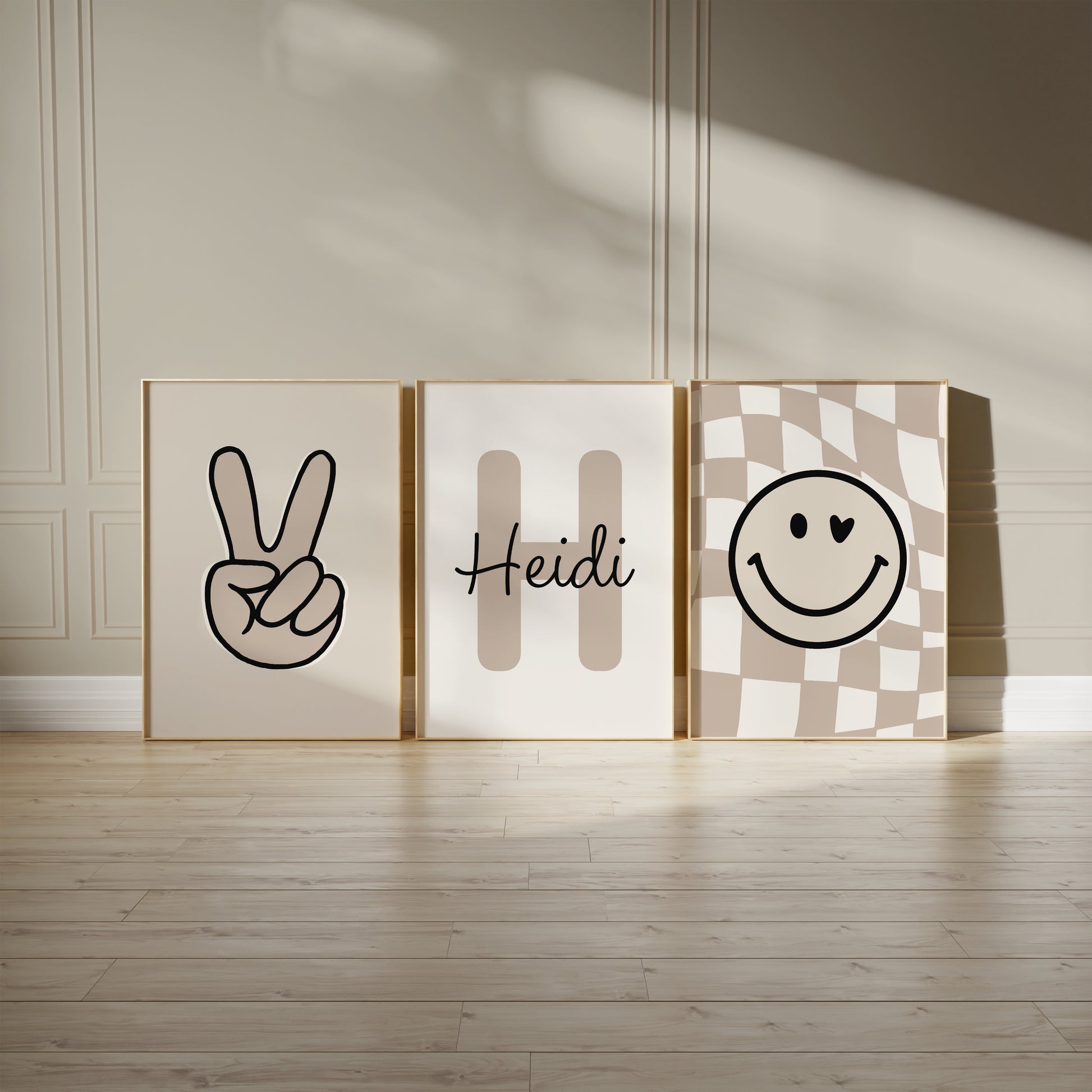 Set of 3 girls room prints in beige and brown, with victory hand sign, personalised  letter prints and smiley face with love heart on a chequered background