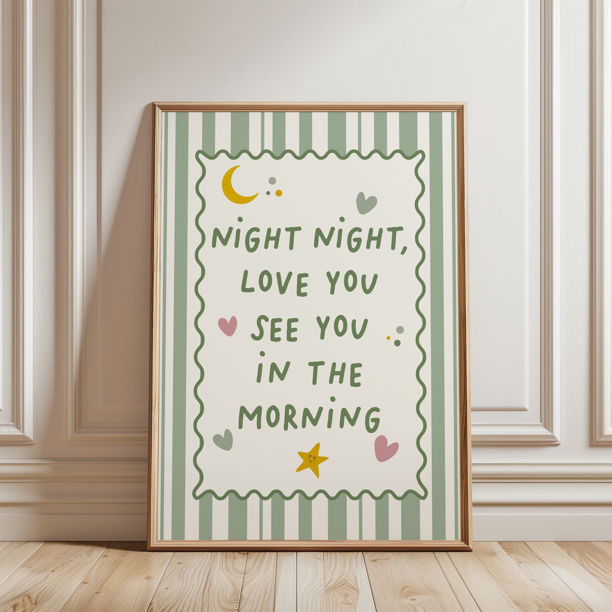 Girls room prints in sage green with bedtime quotes, night night love you see you in the morning, on a striped background