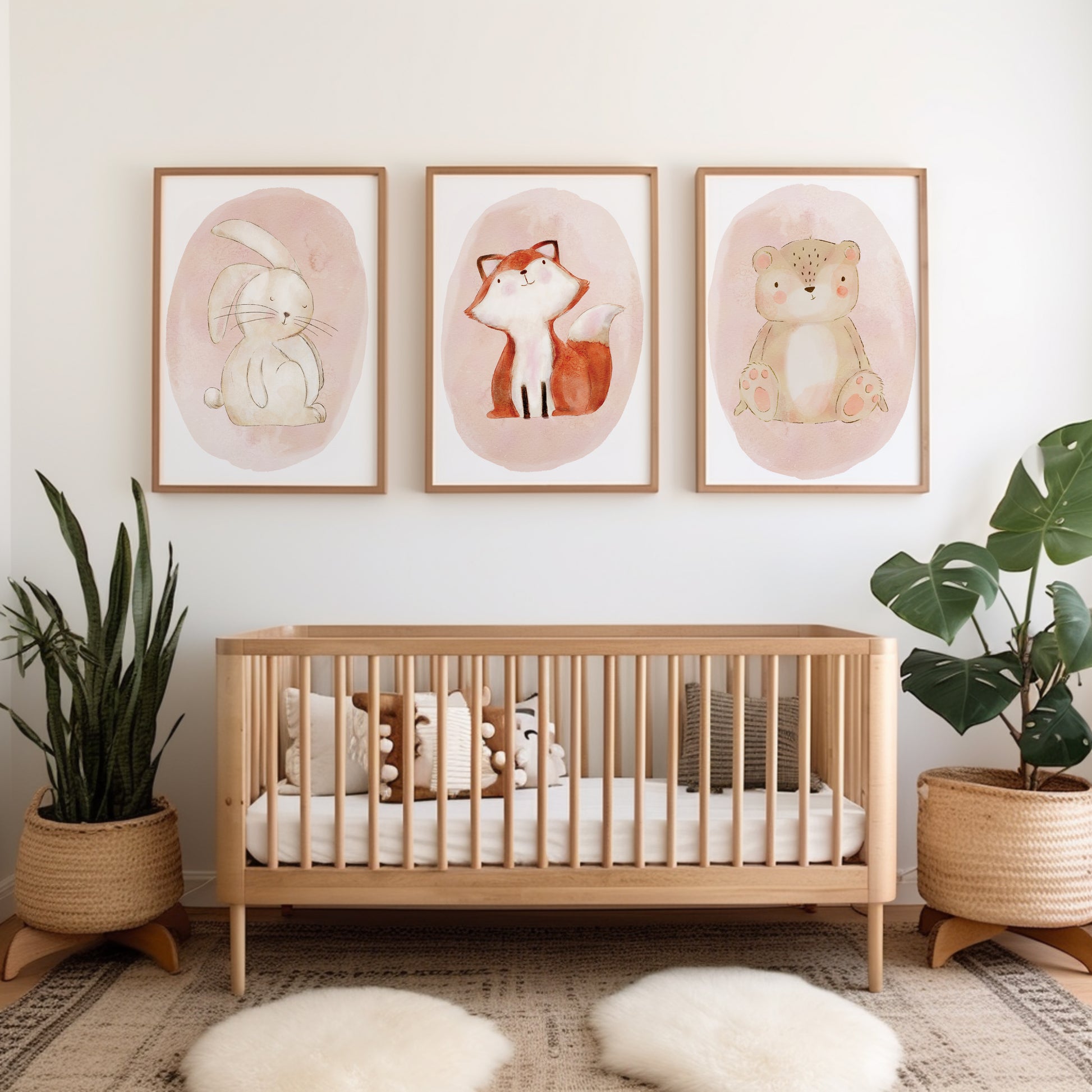 Girls nursery print with woodland animals, bunny, fox and bear on pink backgrounds