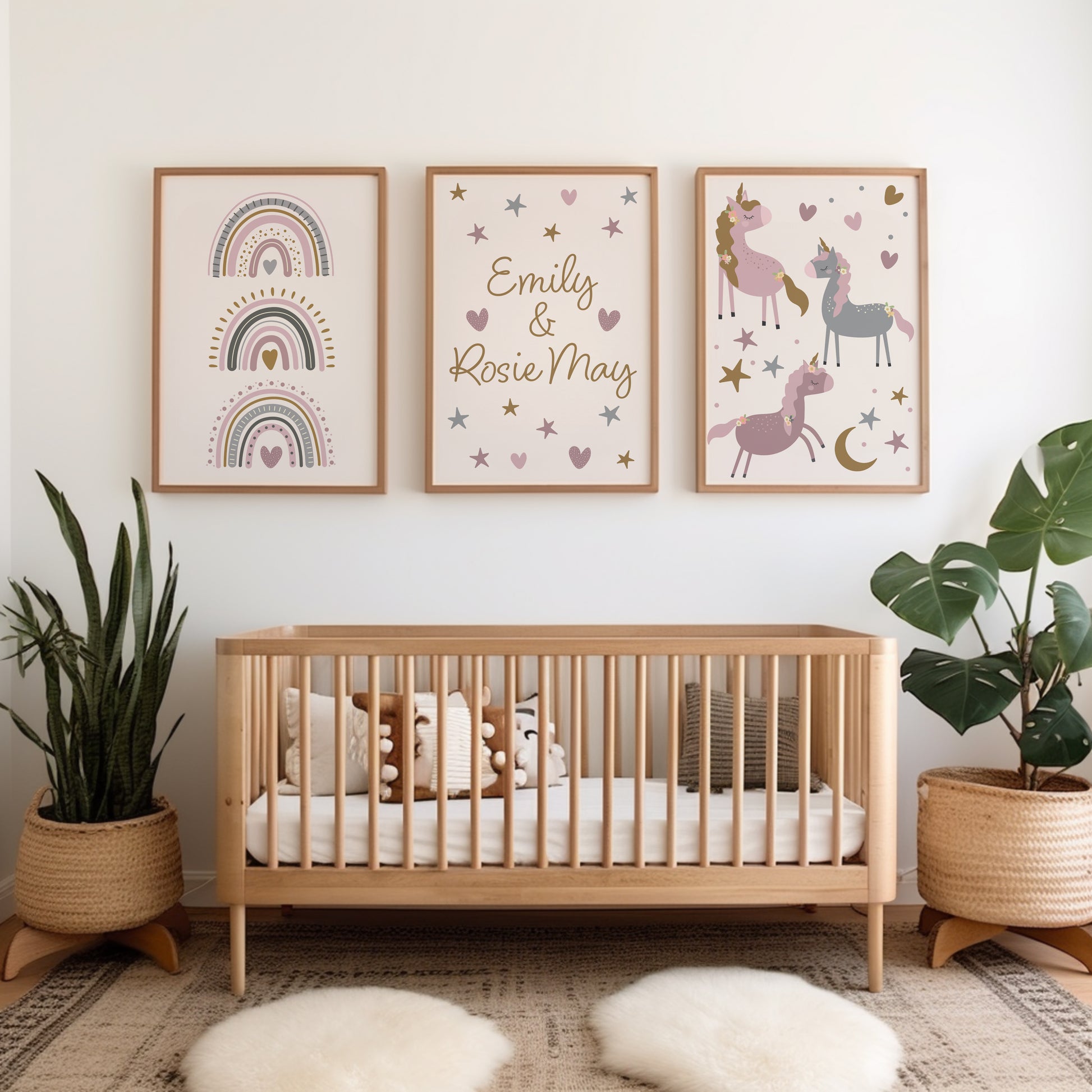 Whimsical unicorn nursery prints, personalised with one name or sisters