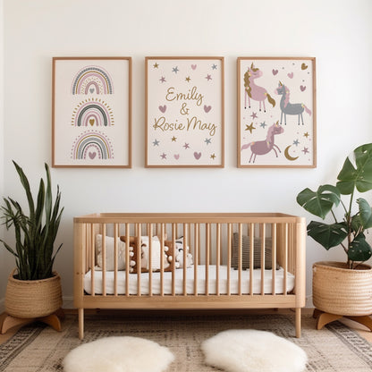 Whimsical unicorn nursery prints, personalised with one name or sisters