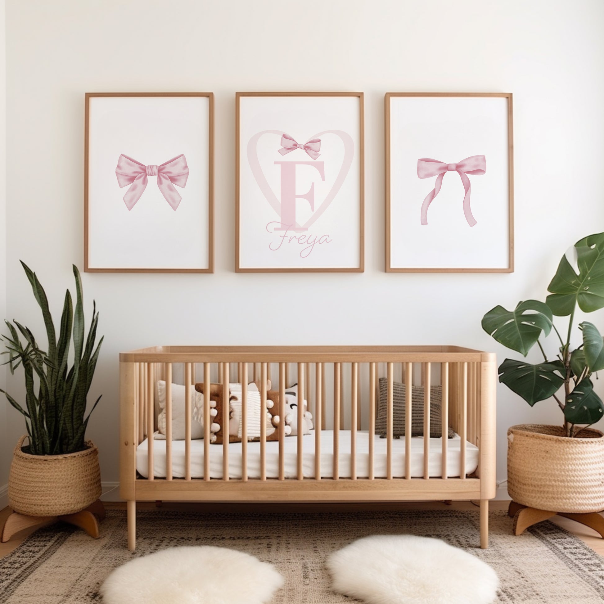 Girls personalised  bow nursery prints, pink and white