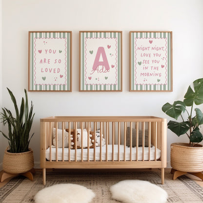 girls personalised wall art prints, set of 3, sage green and pink