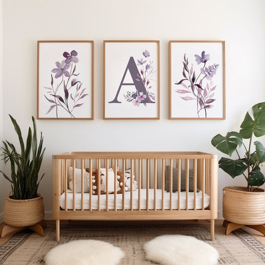 Girls personalised prints in lilac with botanical illustrations in watercolour
