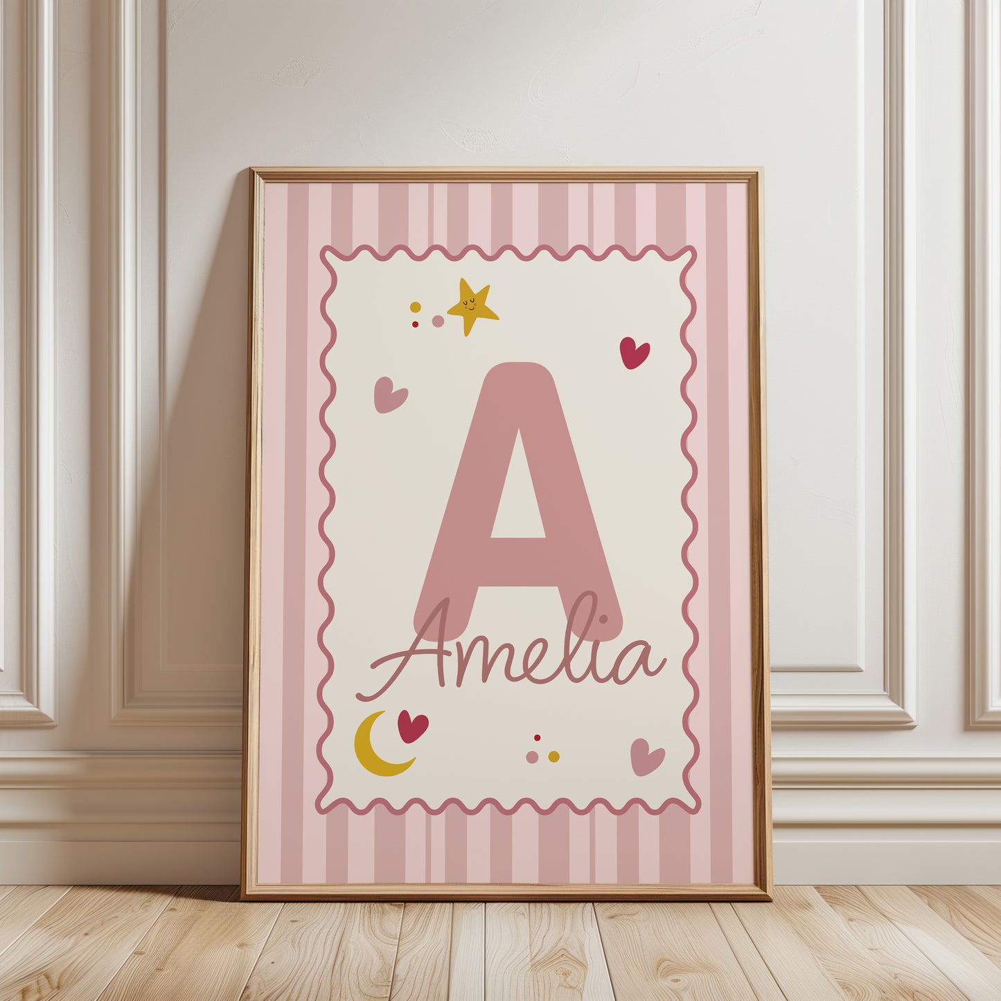Girls personalised print with name and initial in pink on a beige and pink stripey background, trending wall art for girls