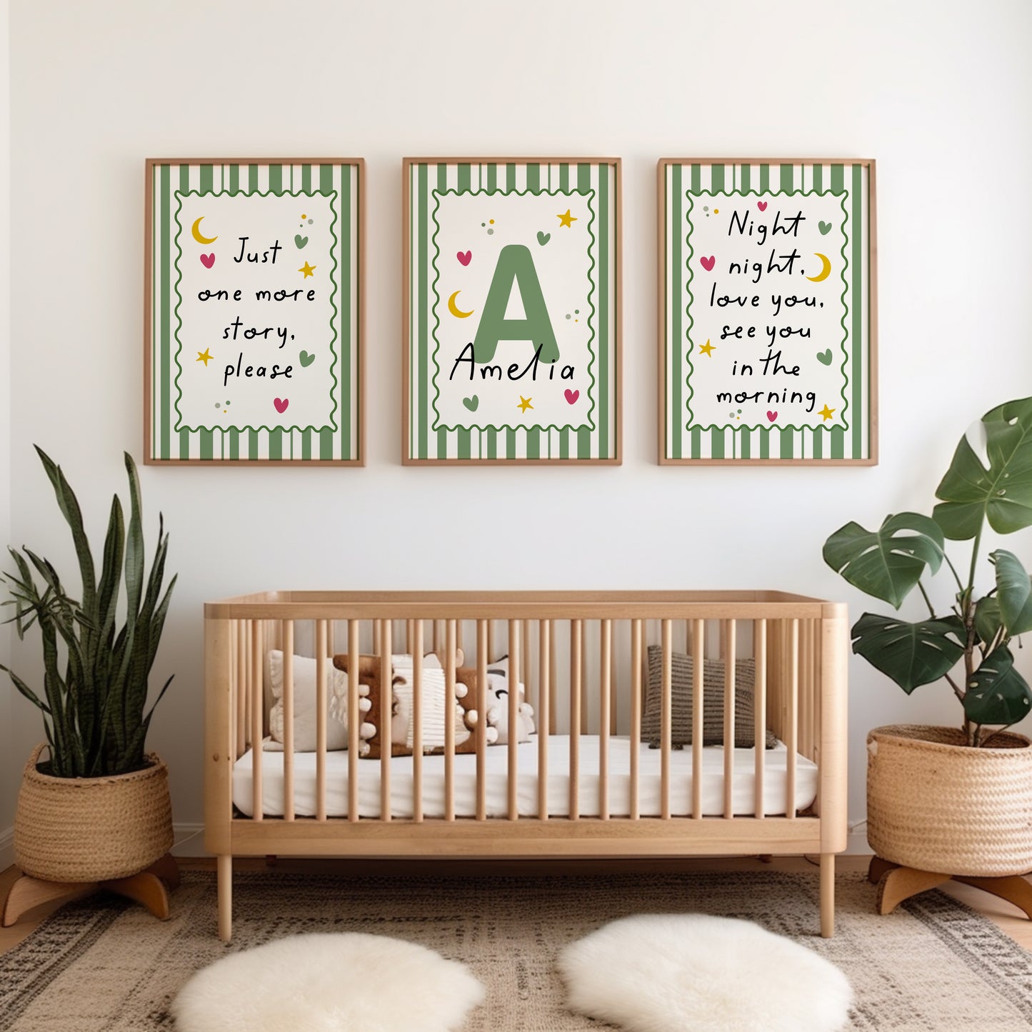 Three unframed nursery wall art prints. The prints feature green striped borders, pastel stars and hearts, and handwritten text: 'Just one more story, please', 'and 'Night night, love you, see you in the morning', the middle print is personalised with name and initial